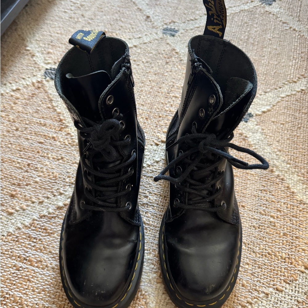 Dr. Martens Black Leather Combat Boots with Yellow Stitching